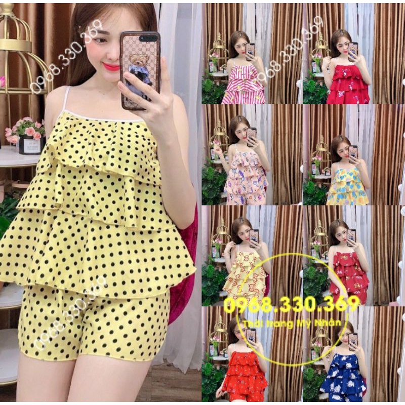 Đồ bộ lụa đùi 2 dây phối tầng