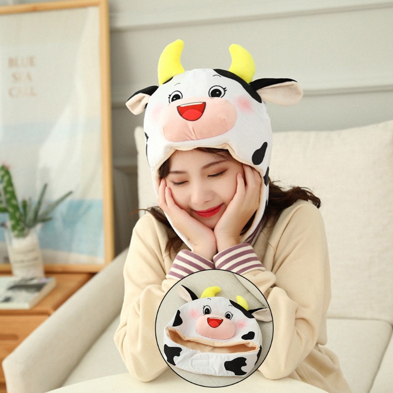 Mũ Nhồi Bông Giữ Ấm Hình Bò Sữa Hoạt Hình Vui Nhộn Cho Bé