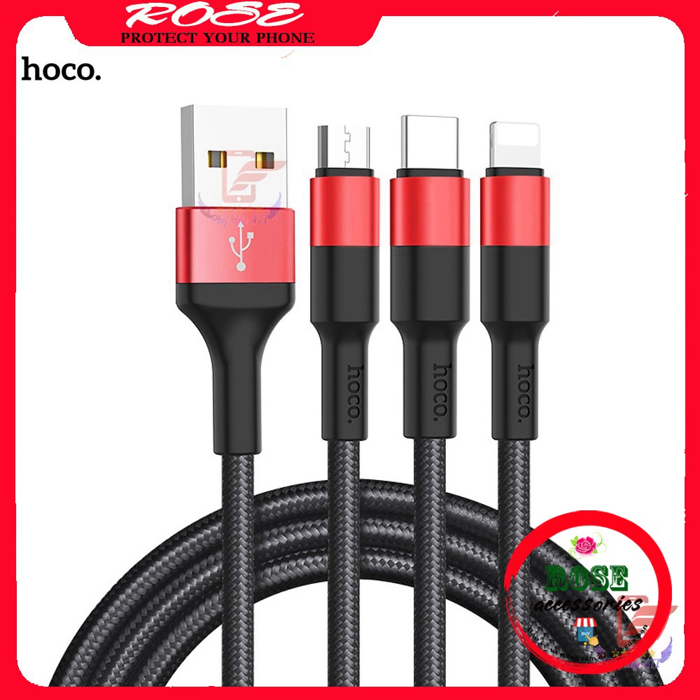 [Mã ELFLASH5 giảm 20K đơn 50K] Cáp sạc 3 đầu Hoco Lightning + Micro USB + Type-C -Bọc dù - Hàng chính hãng