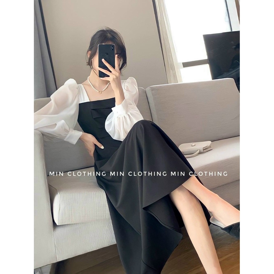 Đầm Dáng Dài Màu Đen Thiết Kể Cổ Vuông Tay Phồng Phối Ren Nhẹ Nhàng Nữ Tính Thời Trang Nữ Xm Minh Phúc