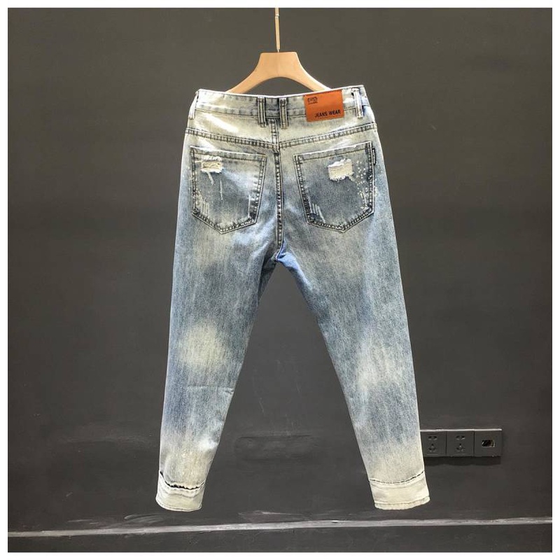 2022 New Men's Ripped Jeans Cropped Pants Men's Slim Fit Trendy Youth Handsome Tappered Pants Men's Clothing Fashion Menswear UzRq