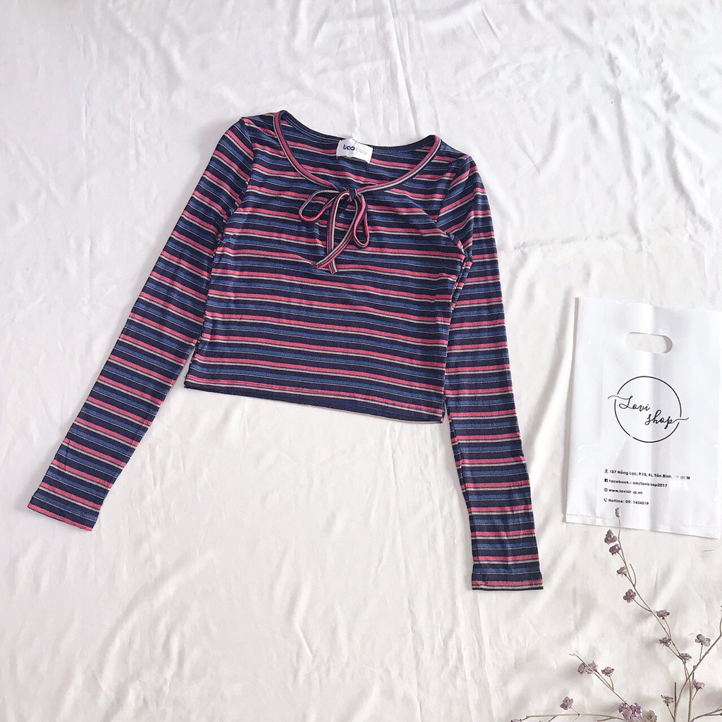 Áo croptop thun gân tay dài kẻ sọc cột nơ thời trang Lovi