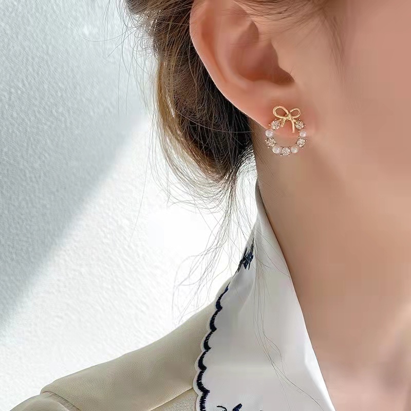 Bông Tai Mạ Bạc 925 Hình Nơ Đính Kim Cương Giả Dễ Thương Phong Cách Hàn Quốc