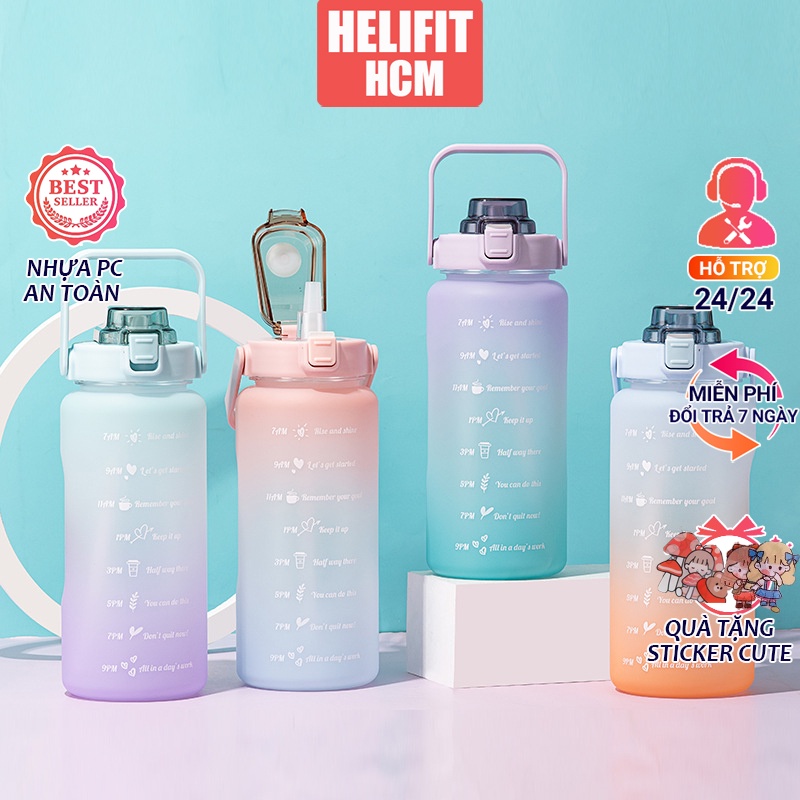Bình nước nhựa cute 2 lít có ống hút, bình đựng nước dễ thương có vạch nhắc giờ uống nước HELIFIT HCM