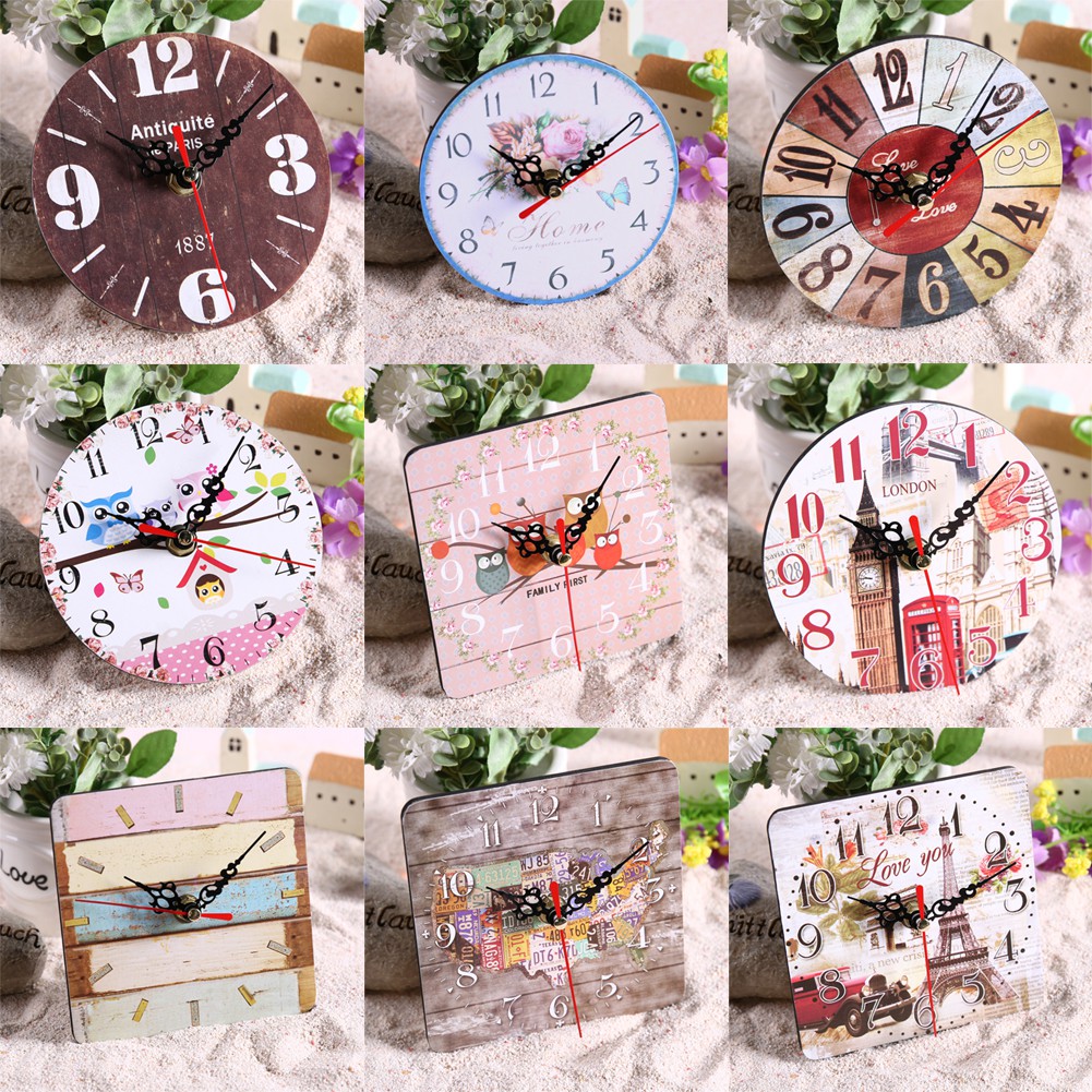 Vintage Wooden Round Square Wall Clock Large Shabby Chic Rustic Kitchen Home Antique Living Room