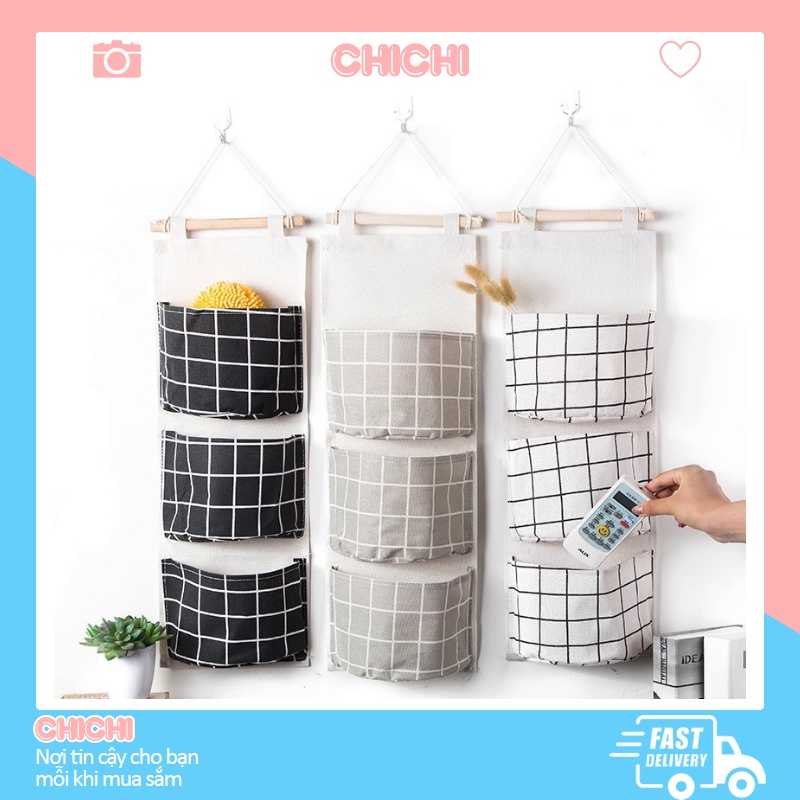 Túi vải canvas treo tường 3 tầng nhiều ngăn đựng đồ cá nhân đa năng tiện dụng ChiChi TV18
