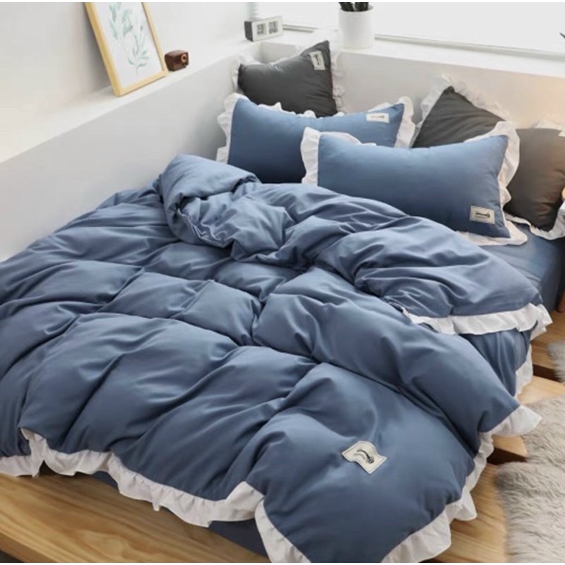 bộ chăn ga gối cotton Tici bèo trắng phong cách Hàn Quốc mềm mại chuẩn bộ 5 món tặng kèm vỏ gối ôm cùng bộ