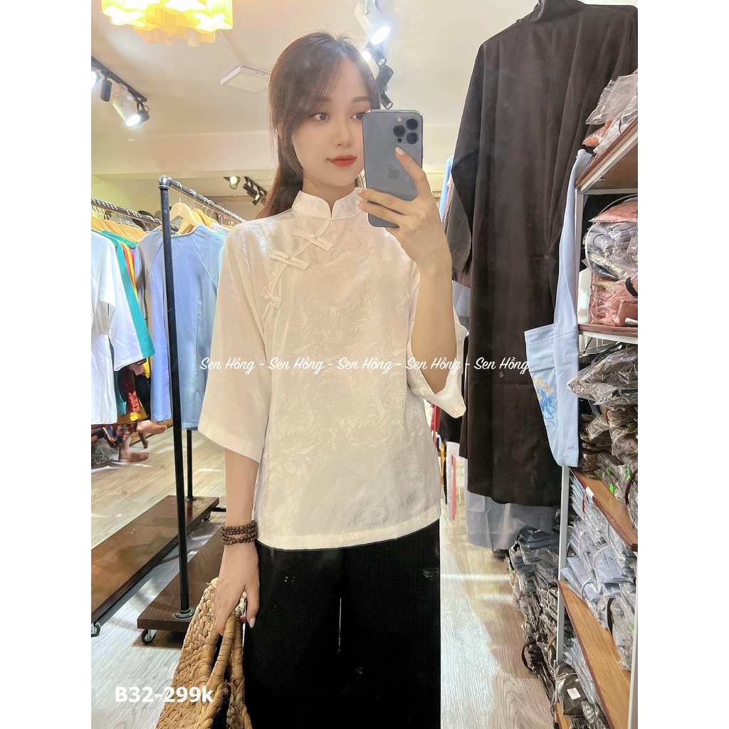 [Sen Hồng] ĐỒ ĐI CHÙA NỮ CỔ TÀU - bộ quần áo Phật tử cách tân cài chéo # đồ lam vải lụa gấm vân hoa cỏ B32