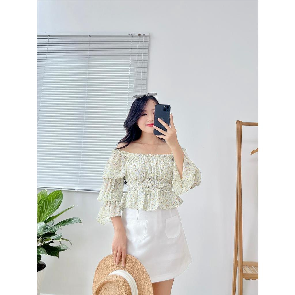 Áo Croptop Voan Hàn Tay Dài Hoa Nhí Vàng Chanh A01