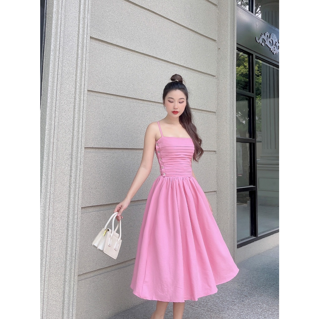 Đầm xòe dây xếp ly ngực sang trọng đính nút độc đáo Vanessa DD14 Cin House