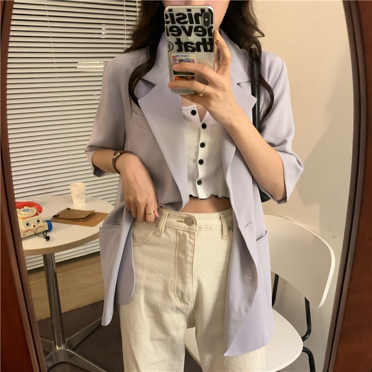 [SẴN SỐ LƯỢNG ÍT] Áo blazer mỏng cộc tay 2 màu pastel style ulzzang Korea (tím/be) | BigBuy360 - bigbuy360.vn