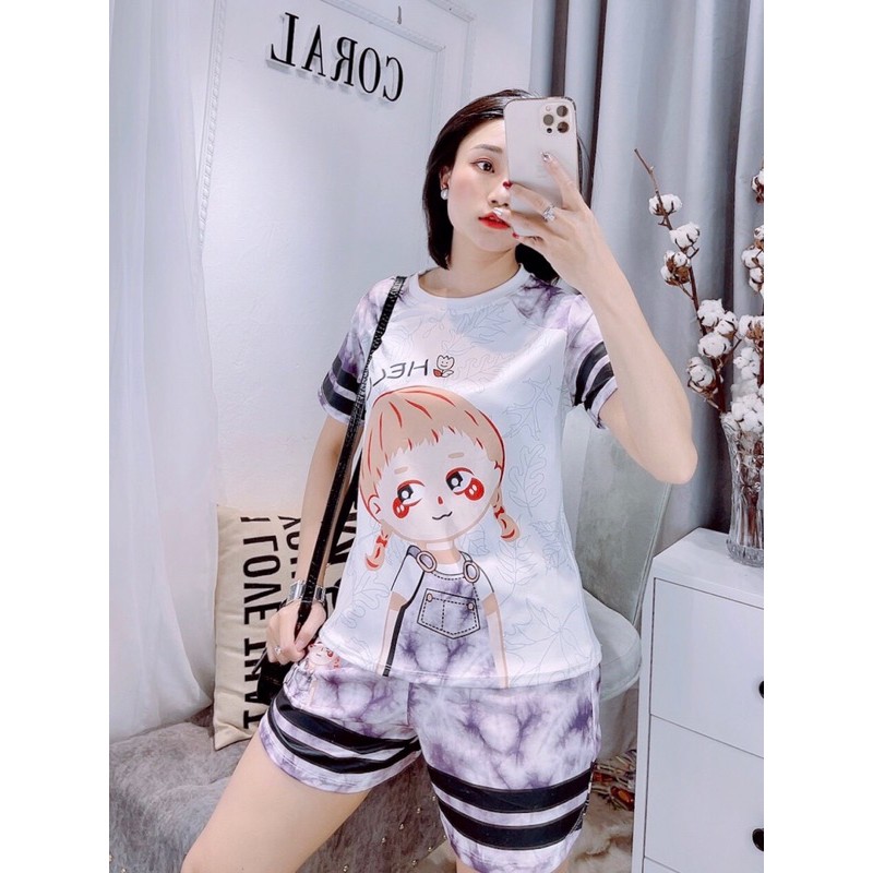 Bộ đồ ngủ nữ cộc tay thun lạnh 3D in hình dễ thương