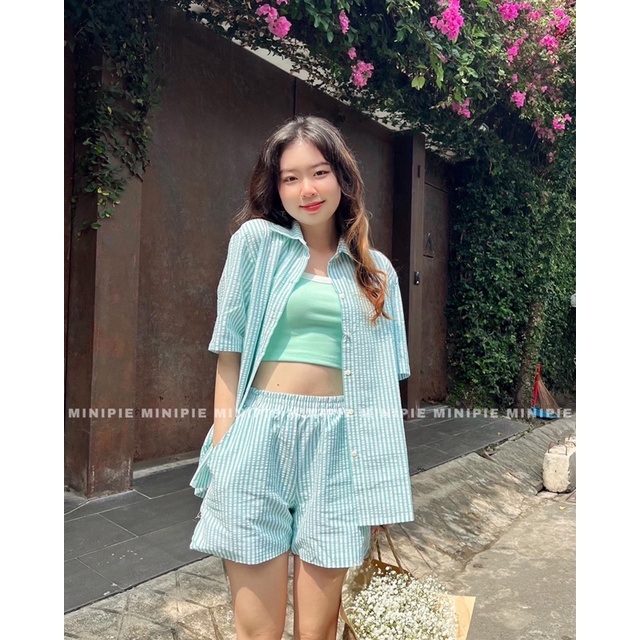 Minipie - Set Bộ Sơ Mi Sọc Tay Ngắn Kèm Quần Short Lưng Chun Có Lót Chất Liệu Xốp Cotton Màu Xanh Lá Hồng Vàng Xanh Biển | BigBuy360 - bigbuy360.vn