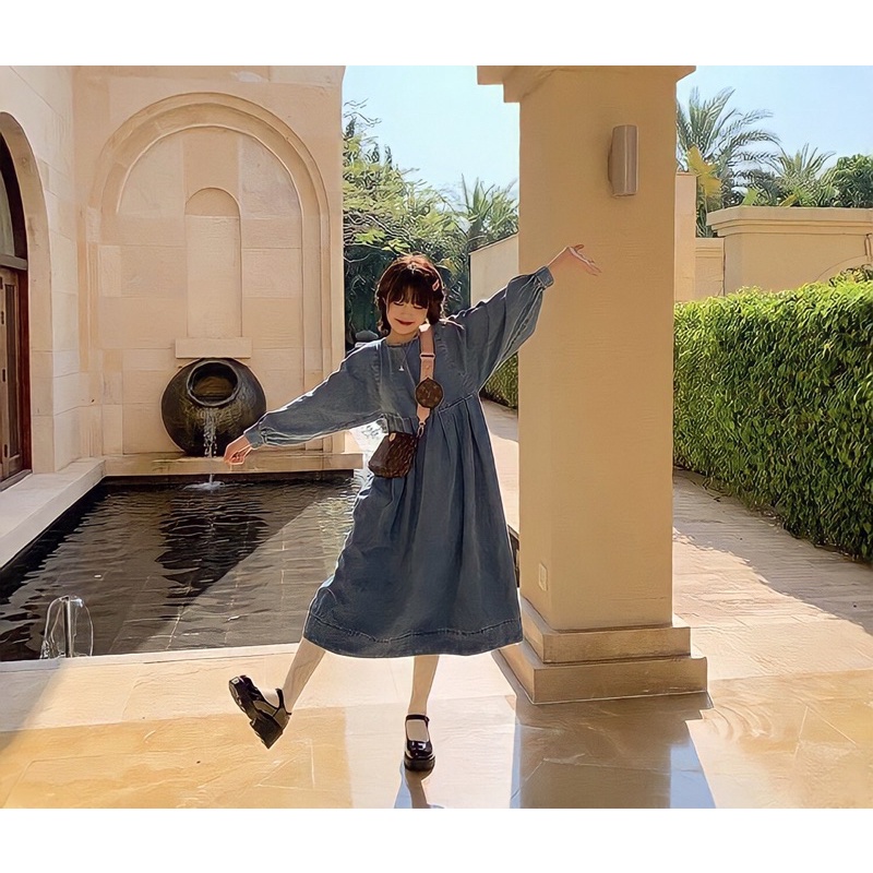 Váy Baby Doll Jean- Denim Form Rộng Phong Cách Basic, Cá Tính