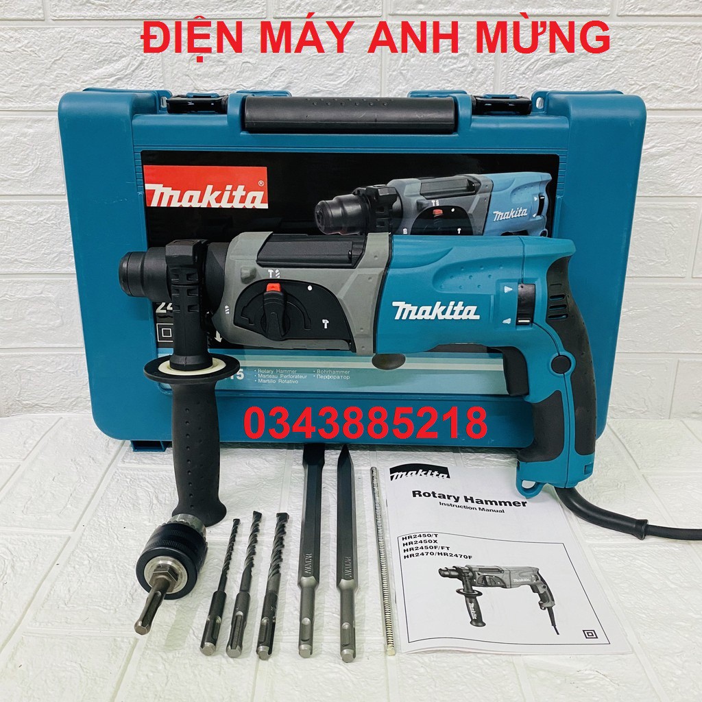 Máy khoan bê tông Makita HR-2470F chuyên dùng khoan gỗ, bê tông, thép các loại, có tặng kèm bộ sản phẩm như hình