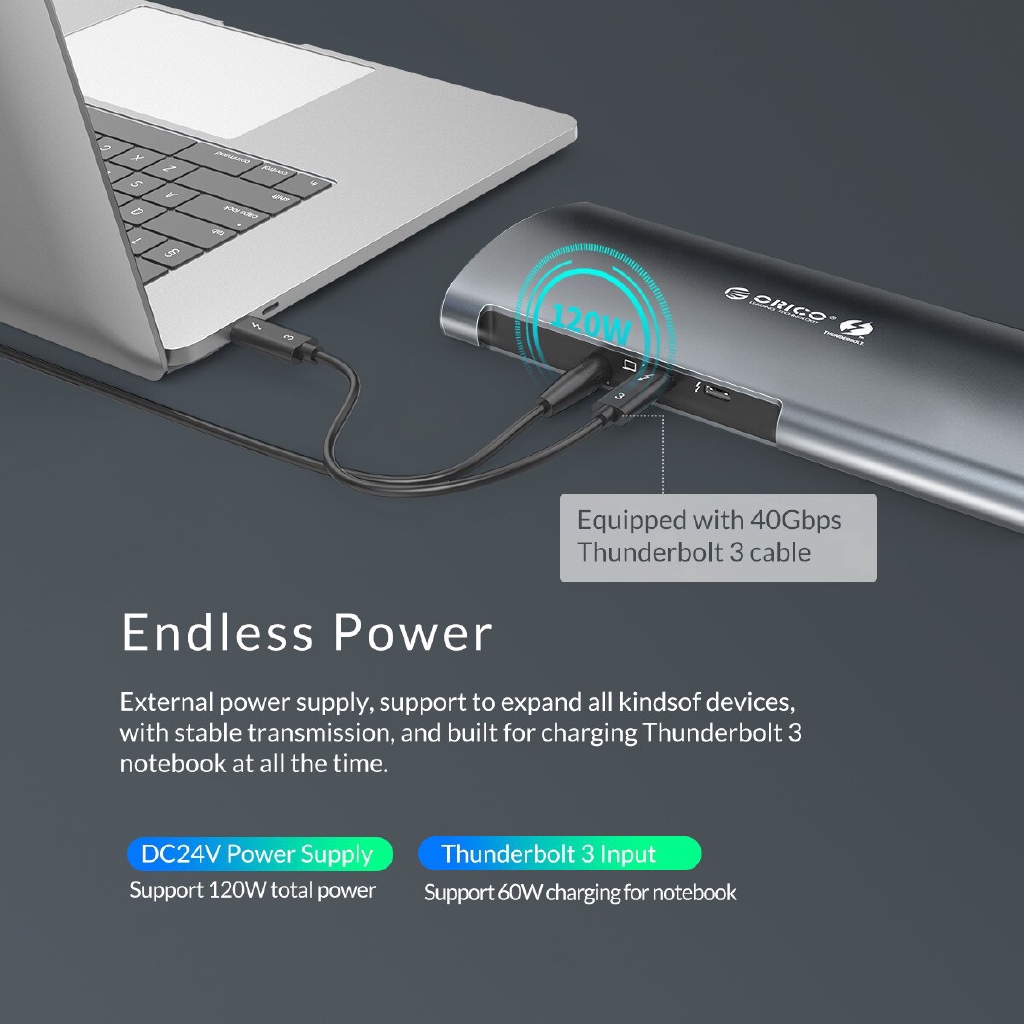 Bộ Chia 3 Cổng USB Type-C Sang 8K DP HDMI USB3.0 RJ45 SD4.0 60W Orico 40GBPS Cho MacBook Pro Huawei (Tb-3-S1)