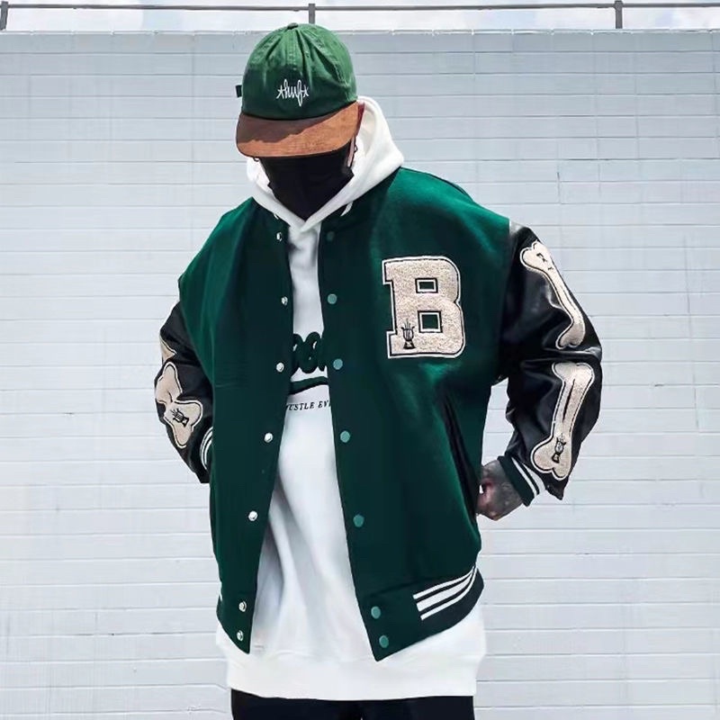Áo khoác bomber varsity jacket nam nữ thêu chữ B tay da hình cục xương mới