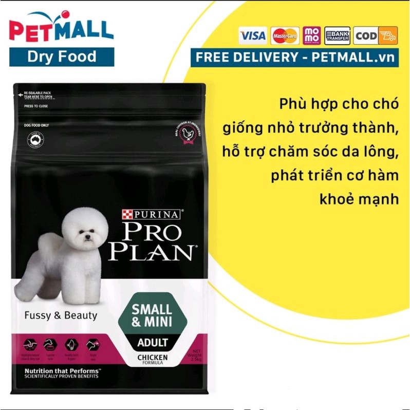 Hạt cao cấp Purina PRO PLAN Small Mini Adult Fussy Beauty 2.5kg - chăm sóc da lông chó nhỏ Poodle