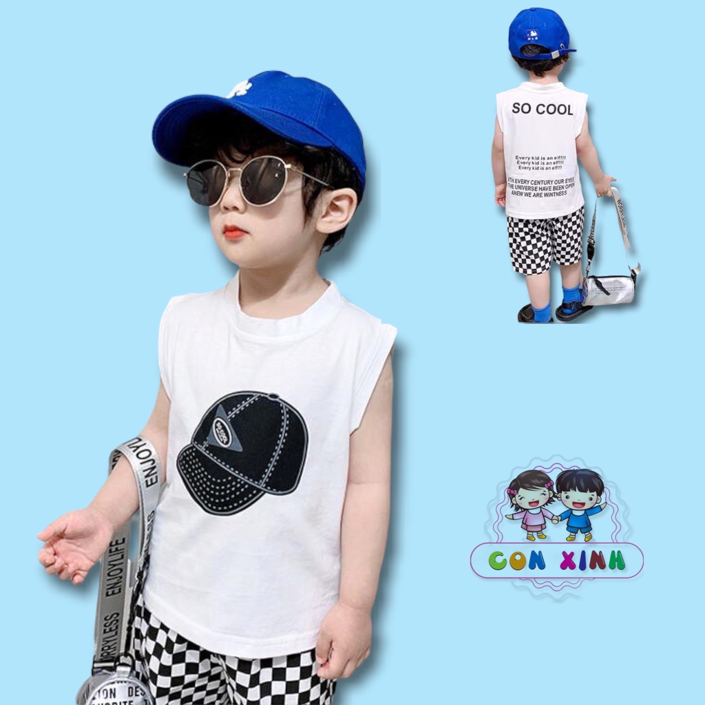 Bộ quần áo bé trai Con Xinh cotton sát nách hình in Nón COOL, thười trang mùa hè dành cho trẻ em từ 4 đến 10 tuổi