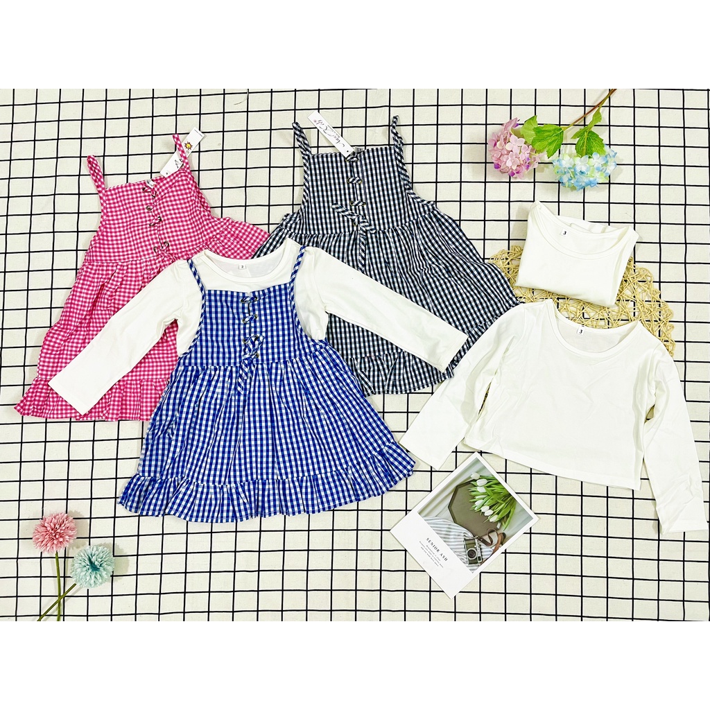 THANH LÝ - Váy thô đũi 1 dây kèm áo phông trắng croptop cho bé gái 2-6 tuổi