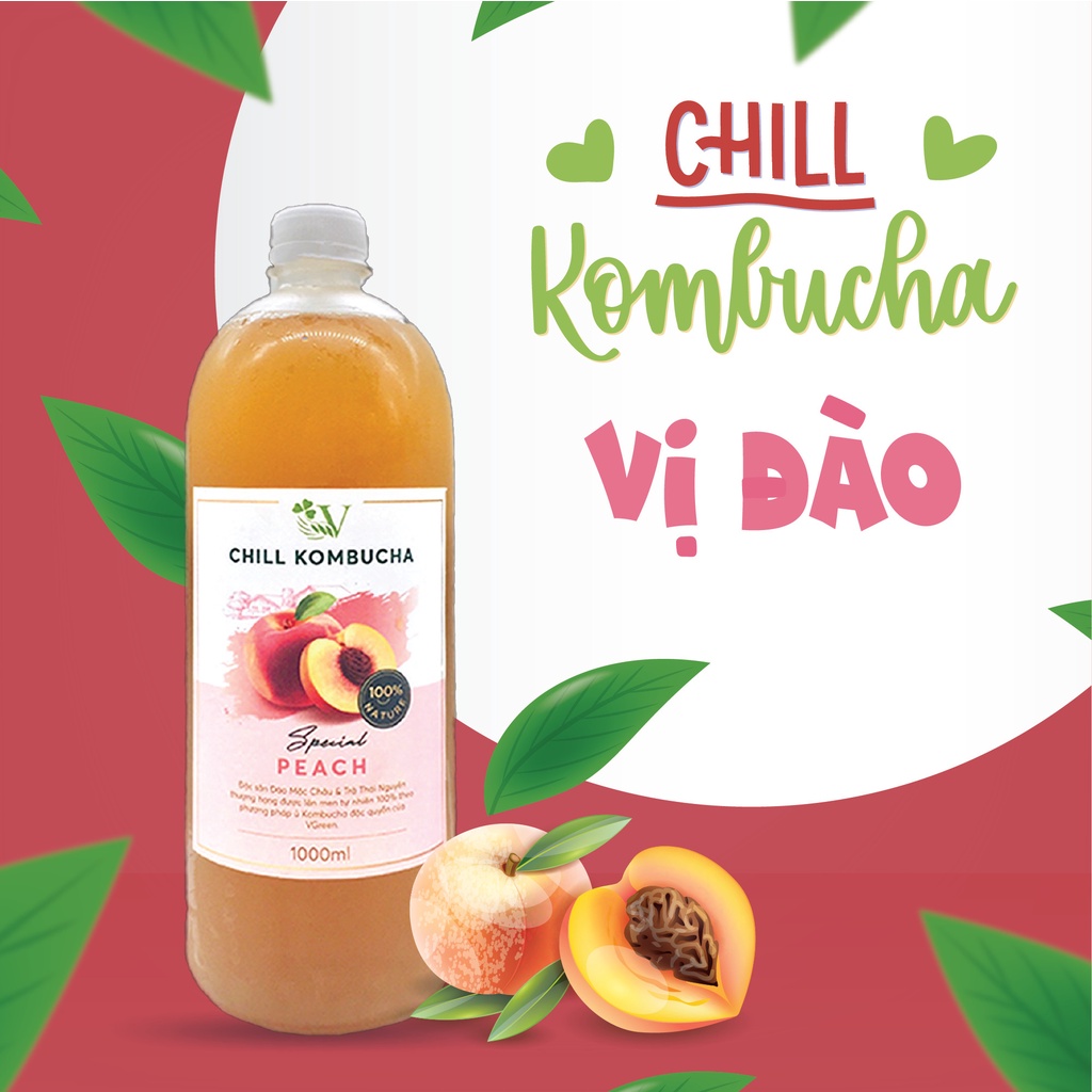 Trà Bất Tử Chill Kombucha ĐÀO 1L -  Trà hoa quả lên men con giống scoby - Foodland