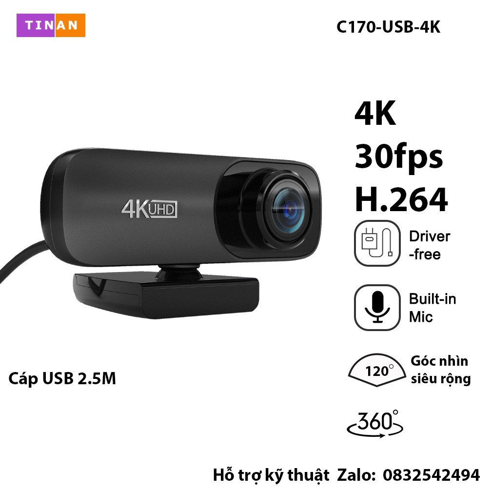 [ 4K 2160P Mic] Webcam Lấy Nét Tự Động, 4K, Camera USB Góc Nhìn Siêu Rộng, Cho Máy Tính, Macbook, Học Online thumbnail