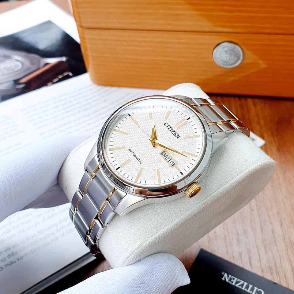 Đồng hồ Nam Citizen Automatic NH7524-55A Demi vàng,Mặt trắng,Lịch thứ ngày-Máy cơ tự động-Dây kim loại cao cấp-Size 40mm