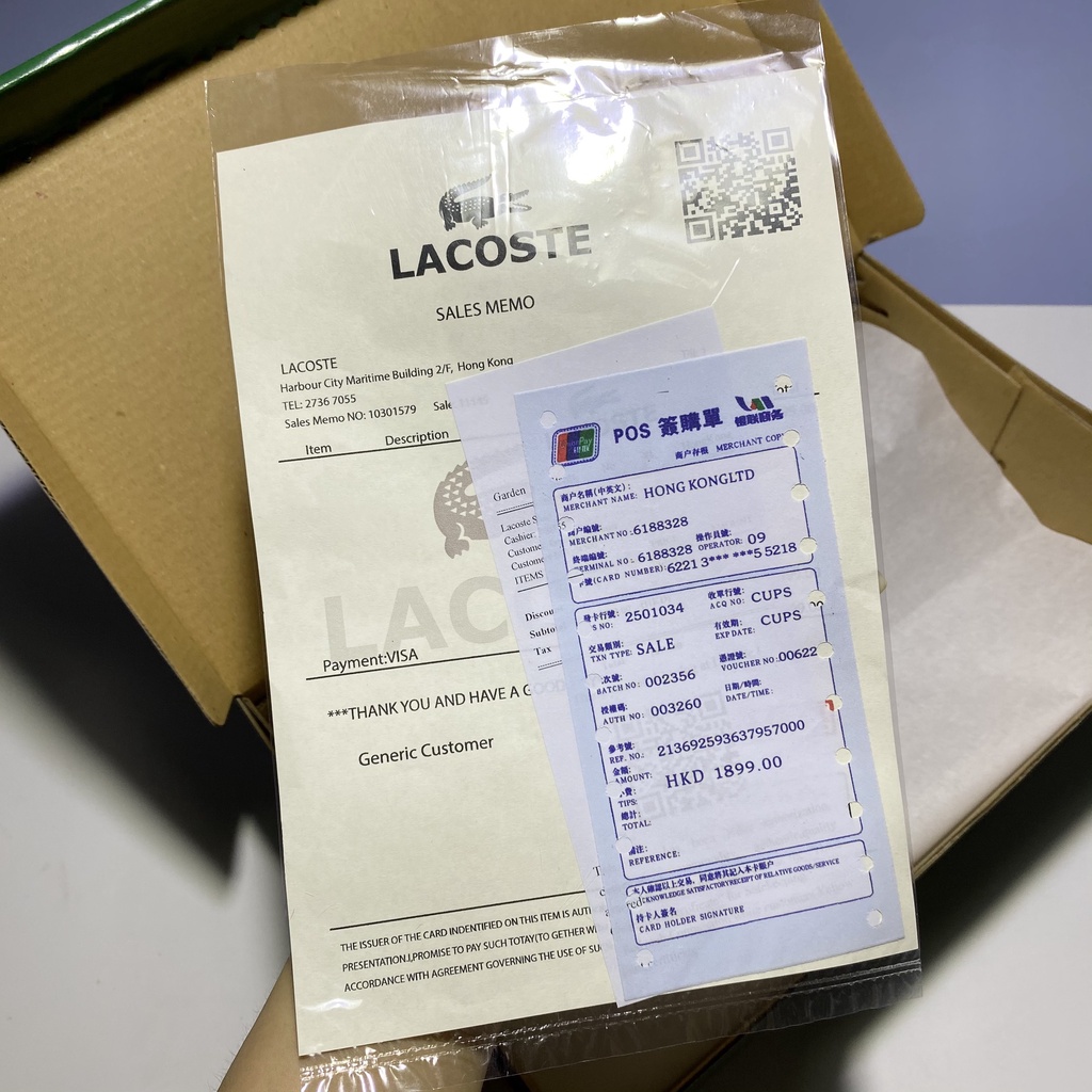 Hộp giấy carton Lacoste đựng giày dép quần áo mũ nón gói quà đóng hàng giá rẻ kèm bill thẻ giấy lụa nhật