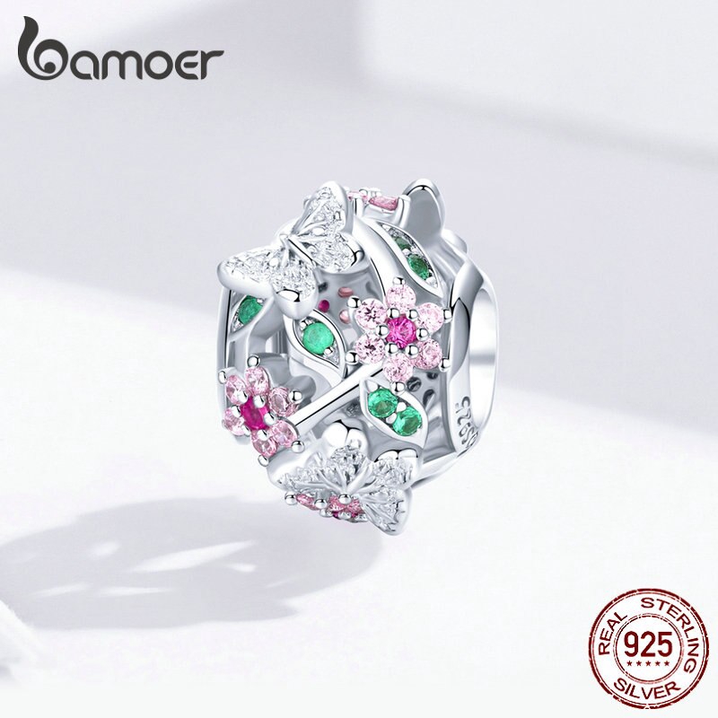 Mặt trang sức Bamoer BSC116 bằng bạc 925 thiết kế họa tiết hoa/bướm đính đá xinh xắn DIY