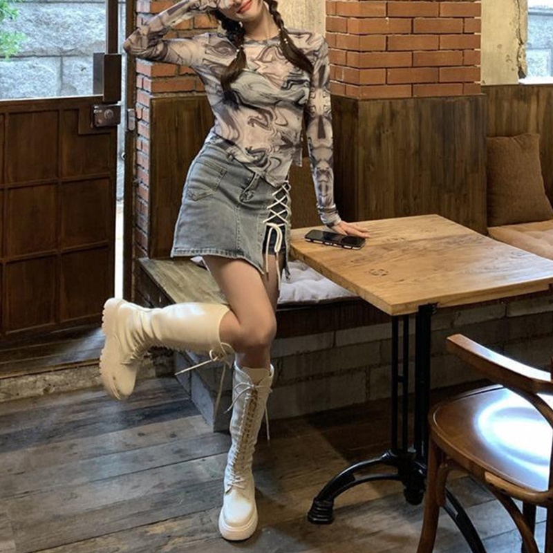 Áo Thun Tay Dài Phối Lưới Xuyên Thấu In Họa Tiết Thời Trang Quyến Rũ Cho Nữ