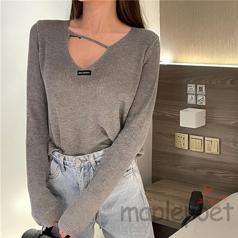 Áo len tay dài cổ V đan dây quyến rũ cho nữ