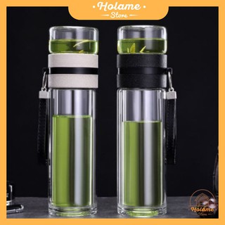 Bình pha trà thủy tinh 2 lớp cao cấp 3in1 - lõi lọc inox 304 với quai cầm da tiện lợi mang đi làm, đi học – nắp kèm ly