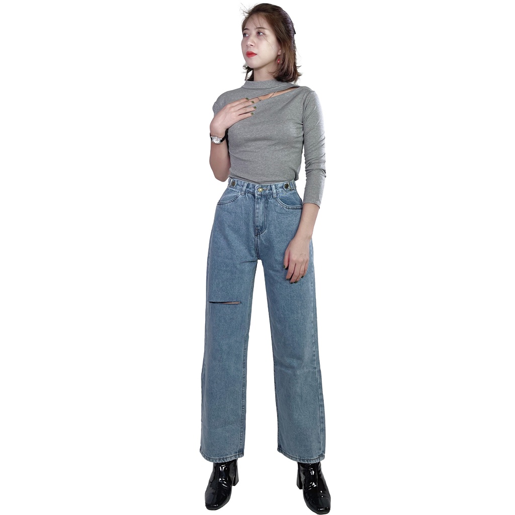 Quần jeans nữ dài ống suông có túi trẻ trung 4YOUNG QJ4