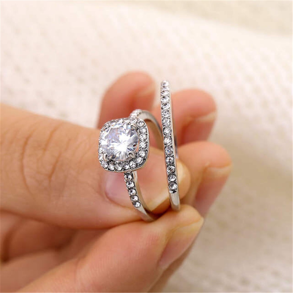 【sweet】2PCS woman fashion Retro Elegant Square Zircon Ring for party wedding Jewelry Set size 5-10