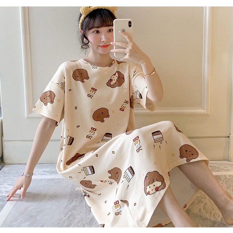 Váy Ngủ Nữ Cộc Tay Đầm Ngủ Dễ Thương Dáng Suông Bigsize Chất Cotton Mềm Mại Họa Tiết Hoạt Hình VN203