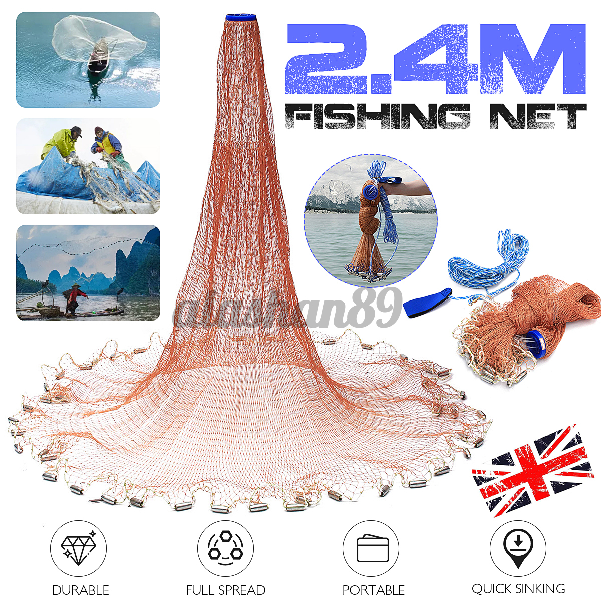 Lưới Bắt Cá Nylon 8ft 2.4m 3 / 4 "+ Phụ Kiện