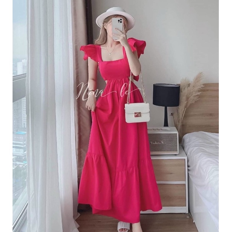 Đầm váy nữ maxi thiết kế bệt vai khoét eo váy xòe phối 5 màu sắc nhã nhặn sang chảnh hời trang nữ STCLOTHING