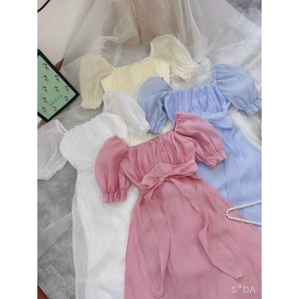 ĐẦM MIDI XẾP LY NHÚN NGỰC TAY BỒNG BO✨