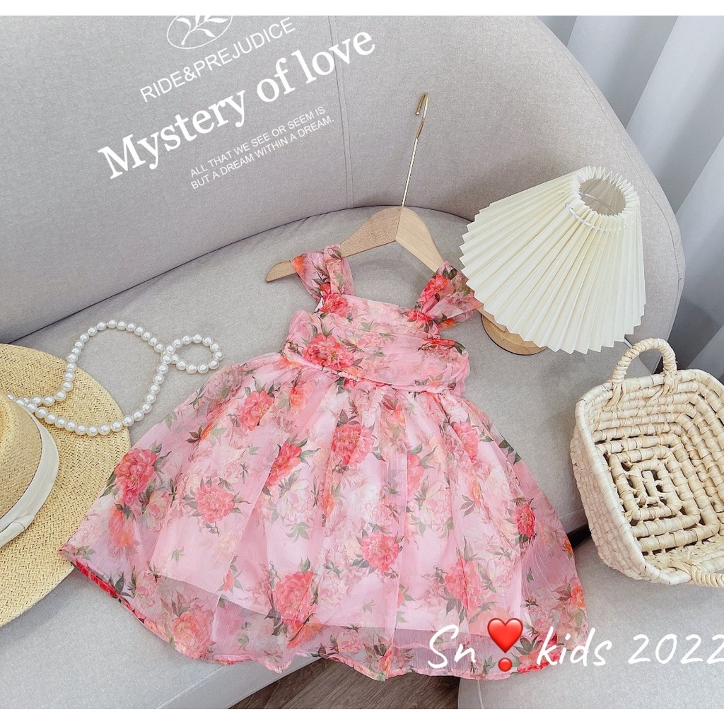 Đầm hoa nhí công chúa bé gái, váy tơ nhún xếp tầng ngực tiểu thư 2 lớp cho bé