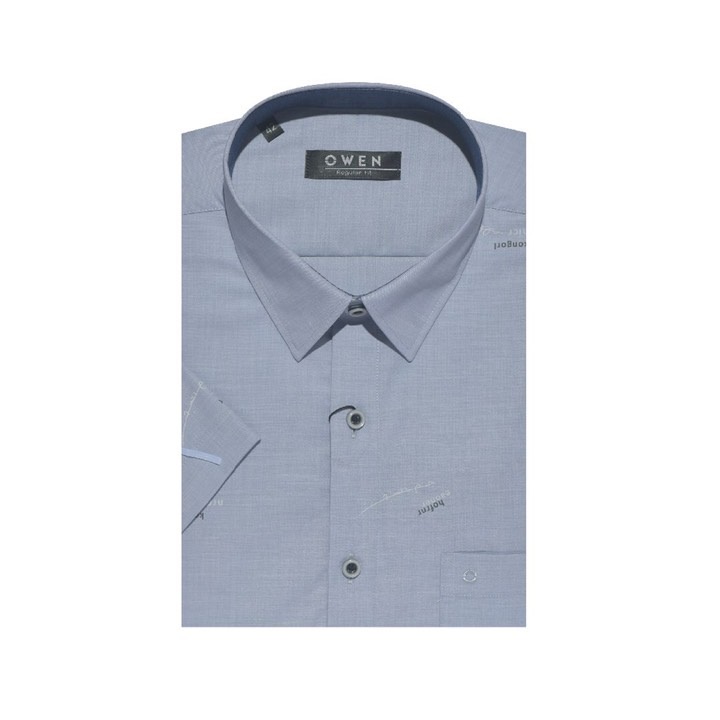 Áo sơ mi nam ngắn tay OWEN AR220031NT somi công sở vải polyester cao cấp màu ghi chữ trắng dáng suông tà lượn có túi