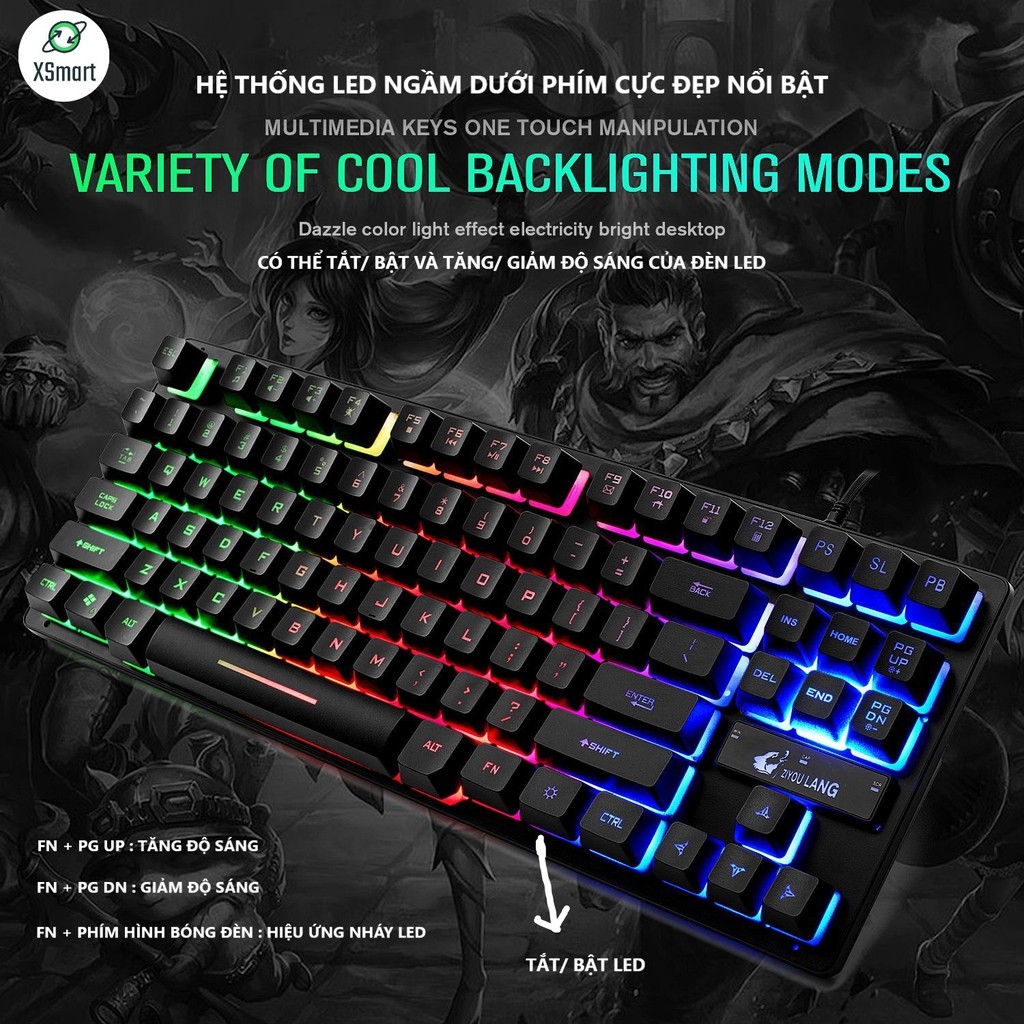 Bàn Phím Gaming Máy Tính Free Wolf K16 LED 7 Màu, 87 Phím Giả Cơ Cao Cấp Chơi Game Cho PC, Laptop, Máy Tính