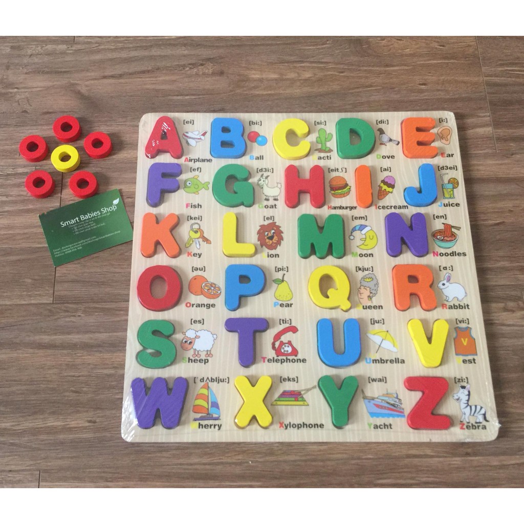 Đồ chơi giáo dục Bảng chữ gỗ nổi Tiếng Anh, Tiếng Việt chữ hoa chữ thường và bảng số 30x30cm cho bé