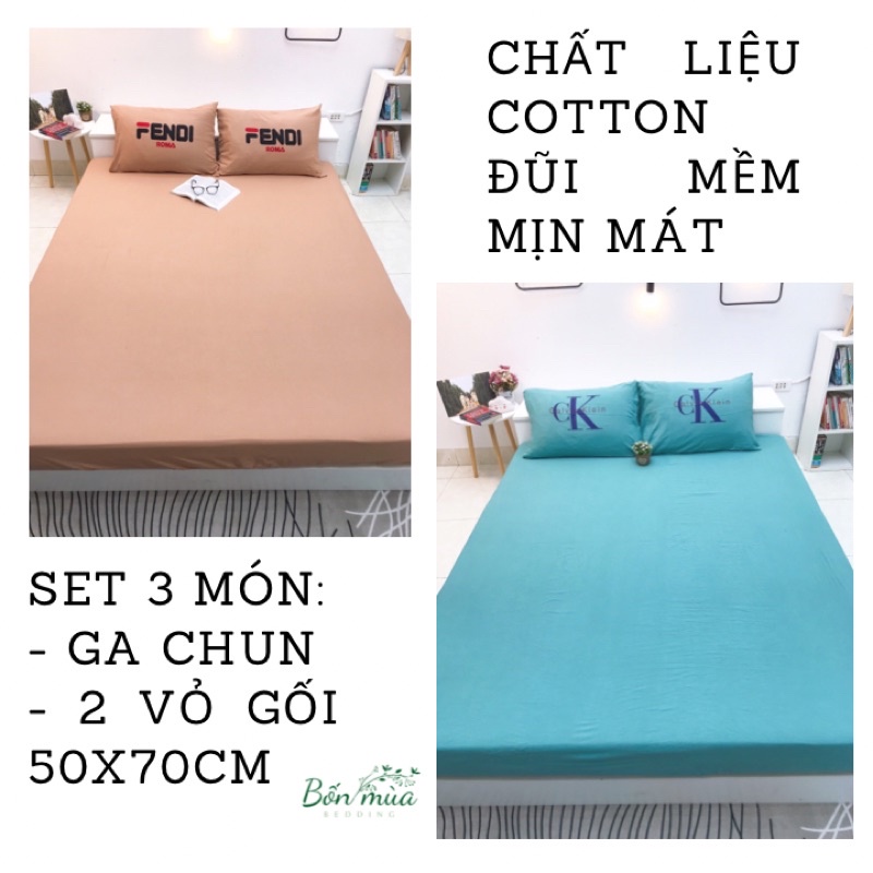 Bộ Ga Gối Cotton Đũi  set 3 món ga chun đủ kích thước kèm 2 vỏ gối 50x70cm, drap chun trơn màu basic