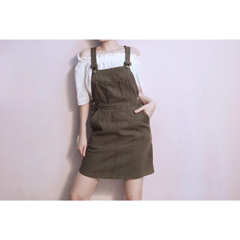 Yếm đầm kaki jean nâu bò cài nút