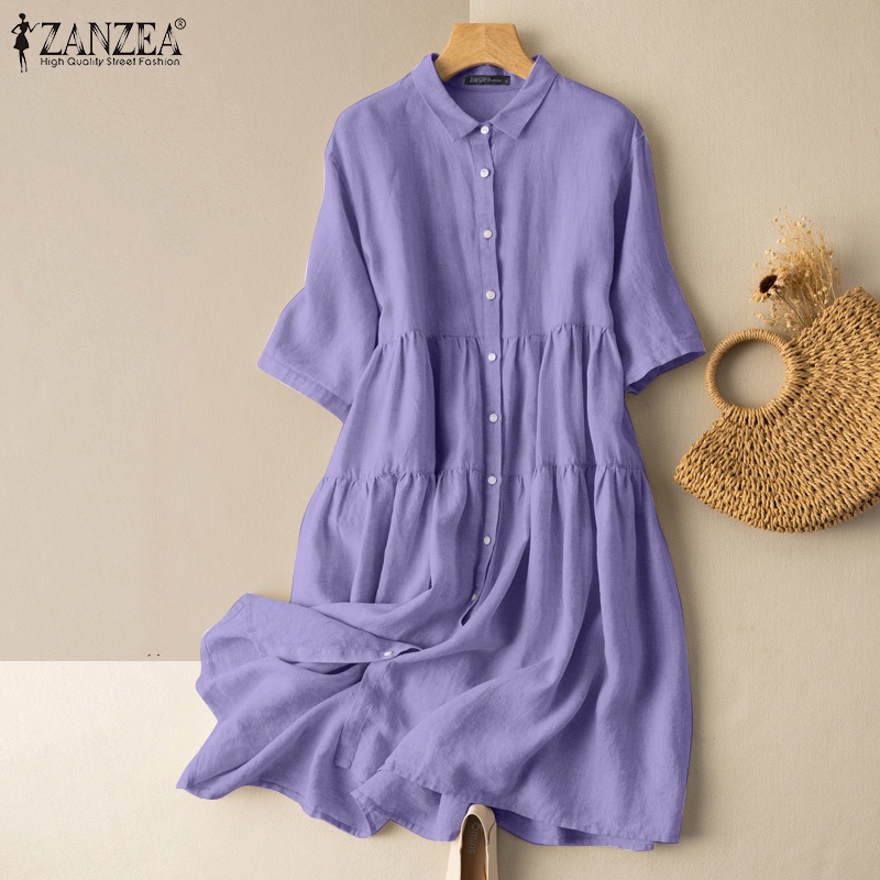 Đầm midi chữ A ZANZEA tay ngắn màu trơn có nút cài thời trang cho nữ