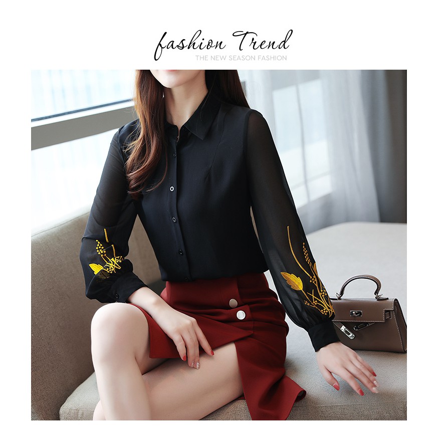 Korean Embroidery Chiffon Casual Blouse Women Autumn Long Sleeve Shirt Black | BigBuy360 - bigbuy360.vn