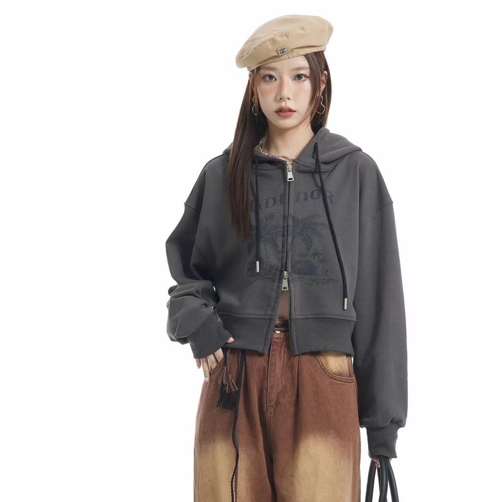 Áo Khoác Cardigan Có Khóa Kéo Đôi Phong Cách Đường Phố Retro Mỹ Bán Chạy Màu Xám Ngắn Mùa Thu Cho