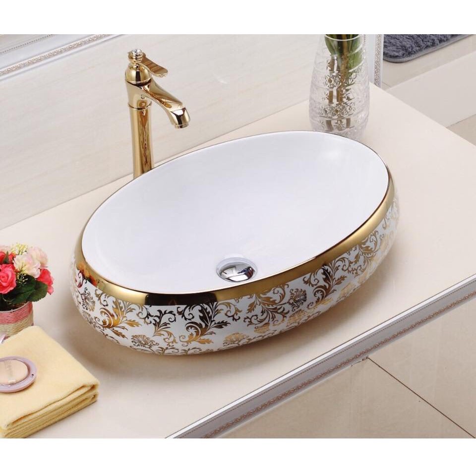 [HÀNG CAO CẤP] Lavabo sứ elip hoa văn vàng cao cấp  bảo hành 10 năm