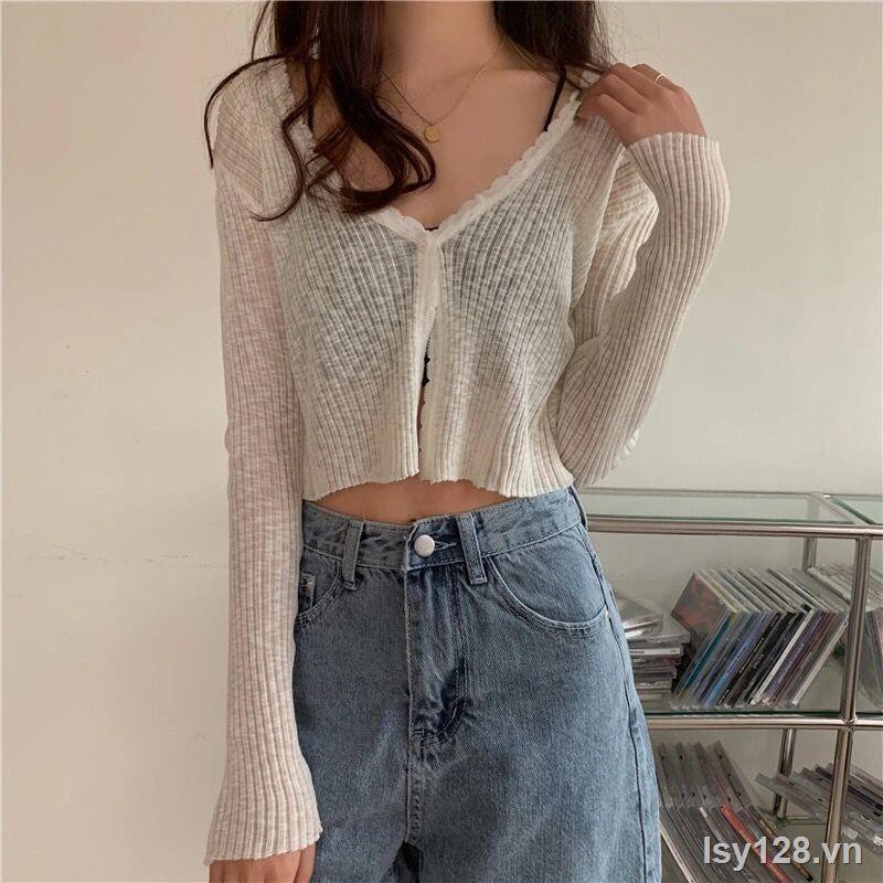 áo croptop☞∋mùa hè năm 2021 mới rắn màu hoang dã Phần cổ chữ V ngắn với một nút mỏng chống nắng áo len lụa băng trên đầu