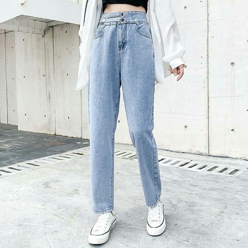 [ 2 KHOEN DÂY ] QUẦN BAGGY JEAN NỮ LƯNG CAO 2 KHOEN DÂY FORM DÀI MÀU XANH NHẠT CAO CẤP NITI ĐỦ SIZE S, M, L SIÊU HOT